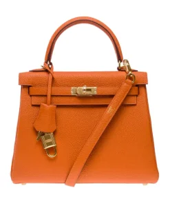Hermes Kelly 20cm Bag In Orange Clemence Leather GHW