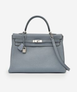 Hermes Kelly 20cm Bag In Blue Lin Clemence Leather GHW