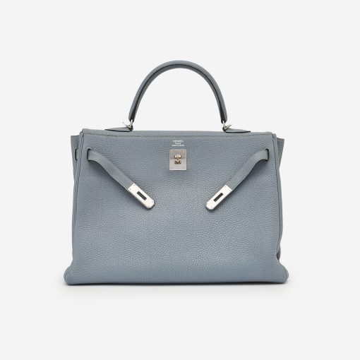 Hermes Kelly 20cm Bag In Blue Lin Clemence Leather GHW - Image 2