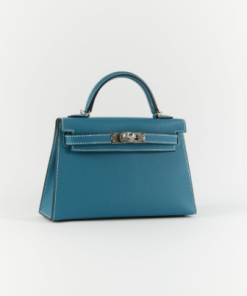 Hermes Kelly 20cm Bag In Blue Jean Clemence Leather GHW